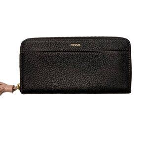 Fossil Grained Leather Wallet Black wallet pink tassel 4"x 8"